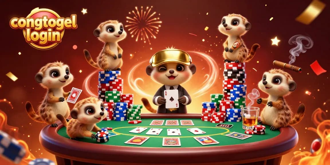Experience the excitement of congtogel login with lively meerkats running a dynamic casino scene filled with colorful chips and cards.
