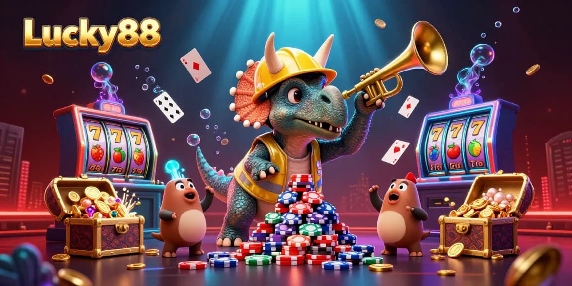Experience thrilling gaming excitement at Lucky88 with casino elements and vibrant characters.