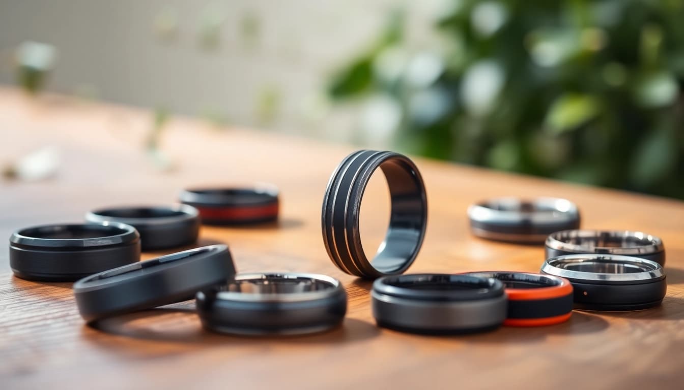 Showcasing dark mens wedding bands with elegant designs and textures in a natural wood setting.