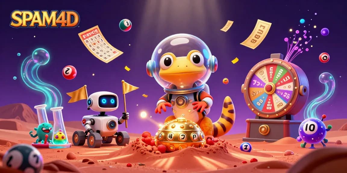 Ilustrasi SPAM4D yang menampilkan gecko Martian menemukan kasino emas dengan elemen permainan.