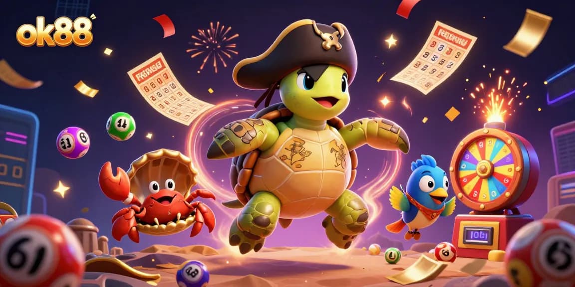 Experience excitement at ok88 with a vibrant illustration of animated casino treasures and fortune.