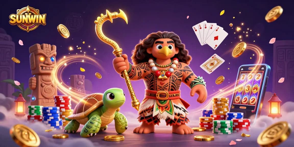 SUNWIN showcases an energetic casino scene with a demigod hawk, turtle, and vibrant gaming elements.