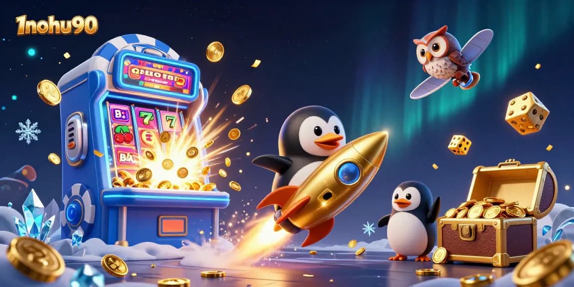 Experience thrilling jackpots with 1nohu90 as the golden penguin navigates a casino space adventure.