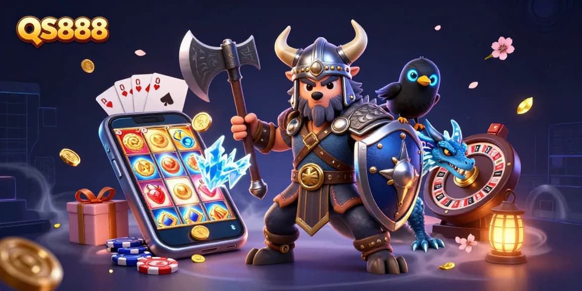 Experience thrilling gameplay with QS888 featuring a Viking warrior and a dragon in a vibrant casino illustration.