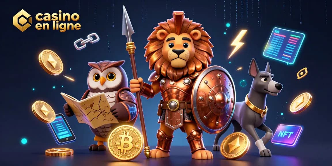 Visuel captivant de casino en ligne avec un lion spartan, une chouette et un lévrier, entourés de pièces de crypto.