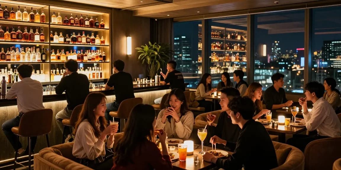 Social scene at a vibrant lounge representing the concept of 유흥사이트 with diverse patrons enjoying cocktails and conversation, reflecting a lively nightlife.