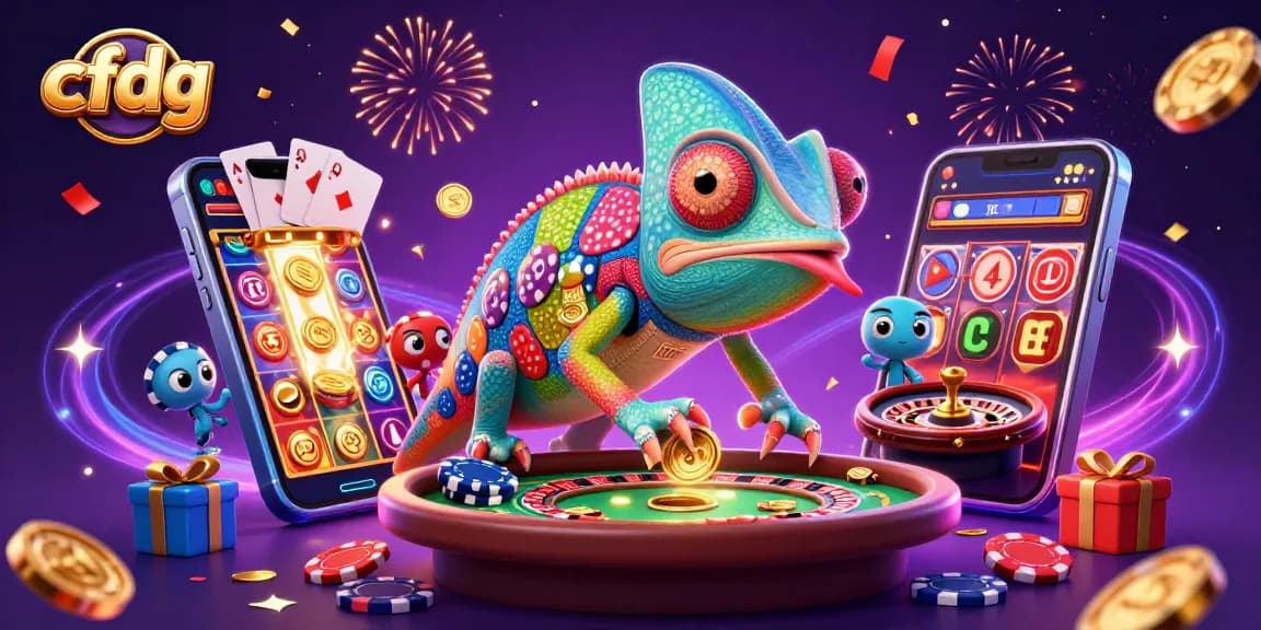 Experience cfdg with a vibrant chameleon casino owner, colorful slots, and exciting rewards.