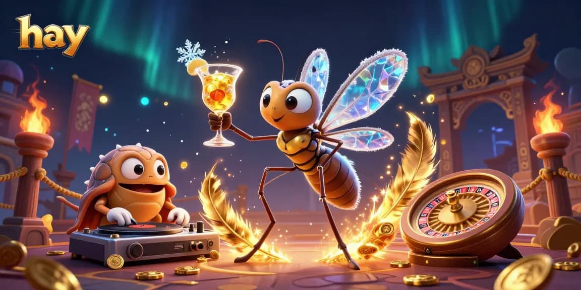 Engage in thrilling gameplay at hay with a bustling casino scene featuring vibrant characters and golden roulette.