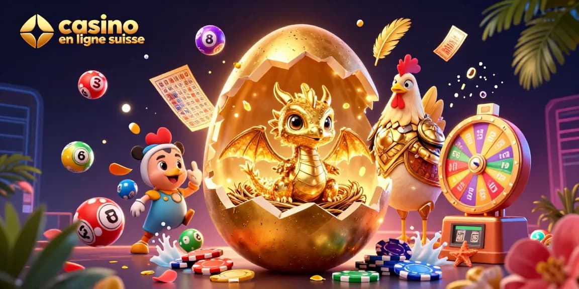Jouez au casino en ligne suisse avec une illustration dynamique de dragon doré et de jetons de poker.