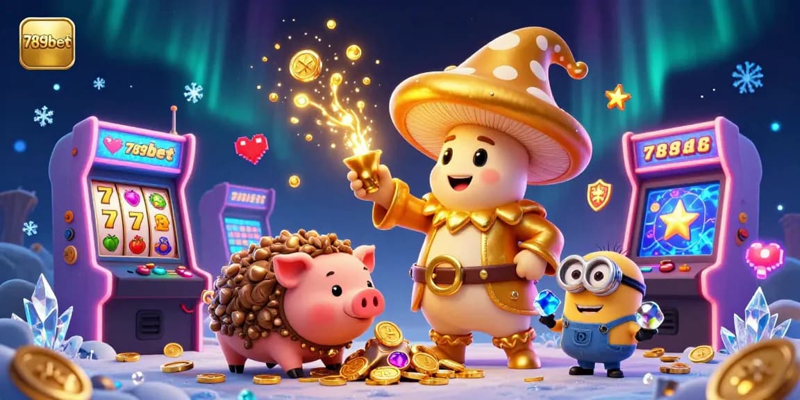 Experience the magic at 789bet with a golden mushroom wizard and arcade games in a vibrant casino scene.