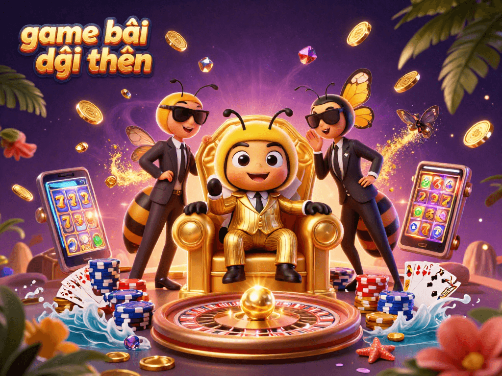 Experience game bài đổi thưởng with a vibrant 3D scene of characters and casino elements.