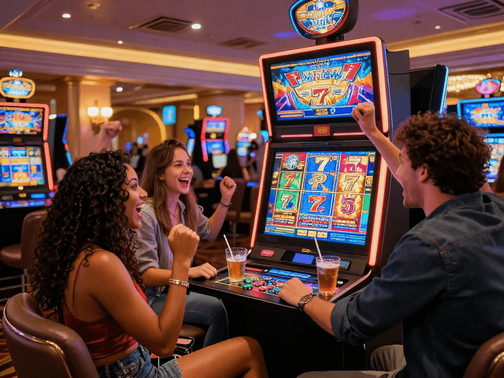 Suasana kasino yang meriah dengan pemain slot777 merayakan kemenangan di mesin permainan.