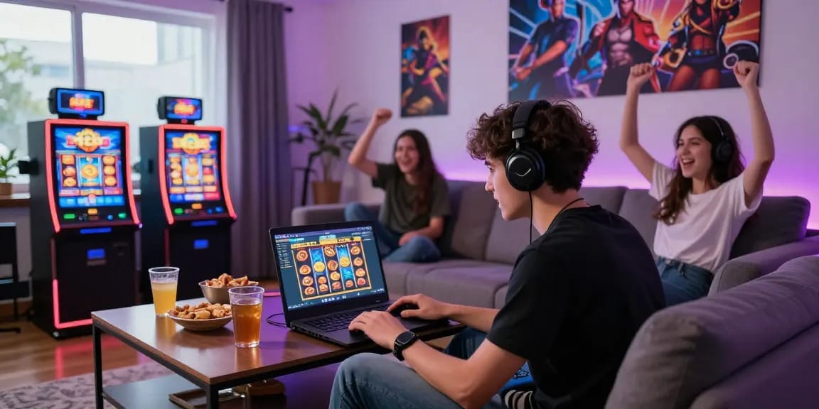 Penggemar slot88 bermain dengan antusias di ruang tamu modern dengan teman-teman.