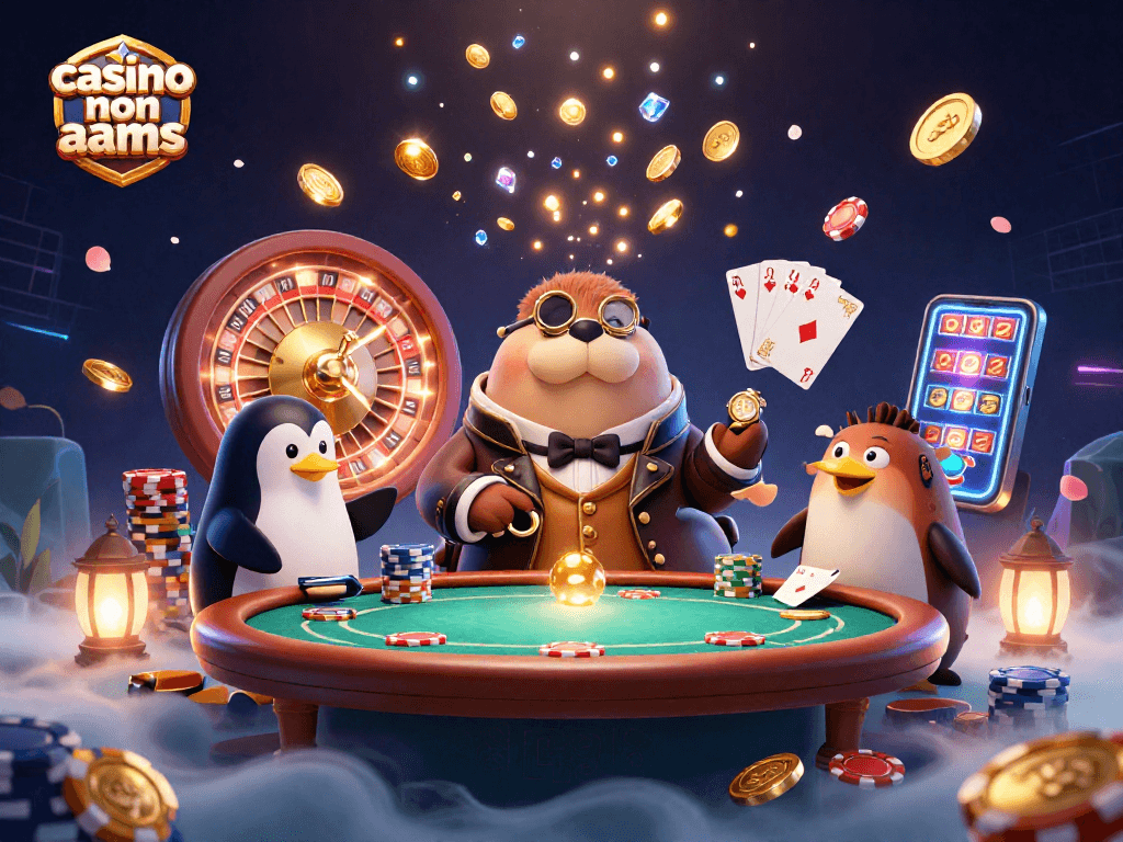 Giocatori al tavolo di poker in un casinò non AAMS, con tricheco e pinguino per un'atmosfera vivace.