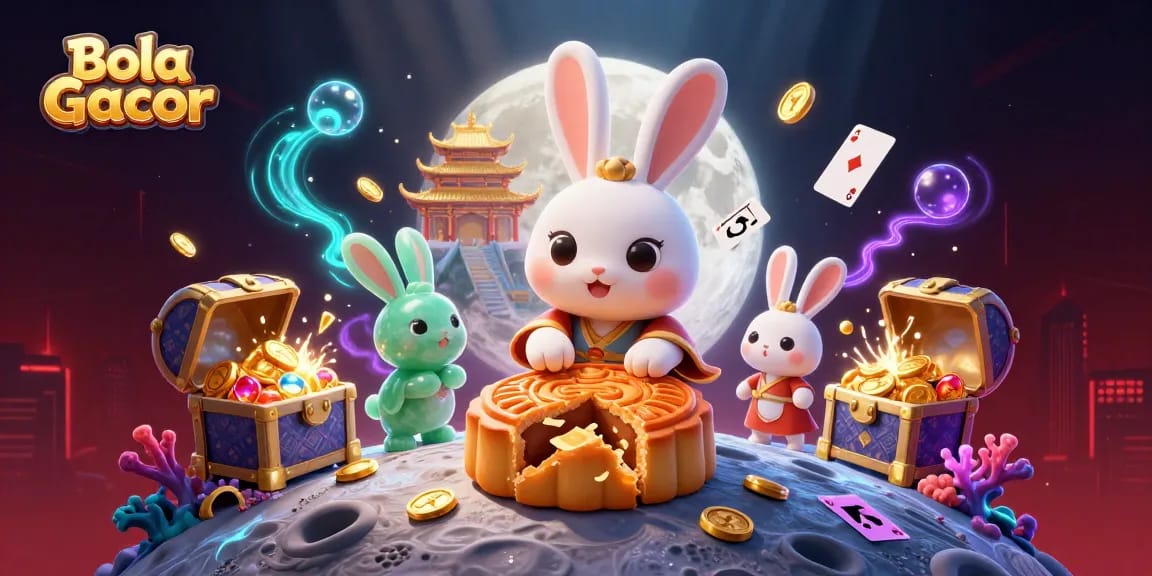 Bola Gacor showcases the vibrant world of gaming with a moon rabbit scene, dazzling decorations, and dynamic playing cards.