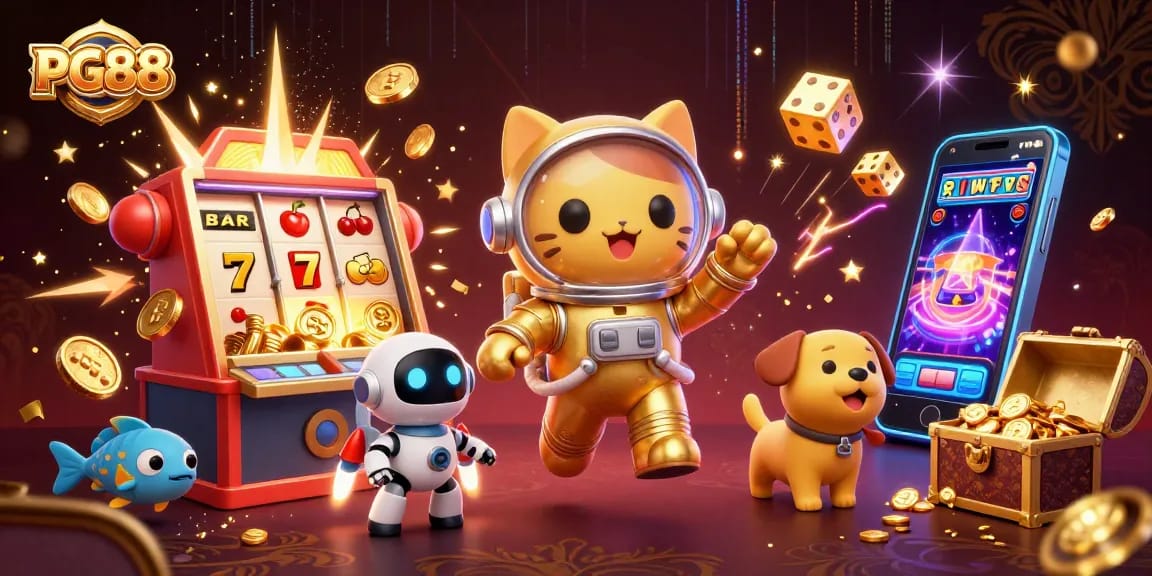 Engage in thrilling PG88 casino fun with dynamic characters amid a jackpot explosion, showcasing slots and gaming elements.
