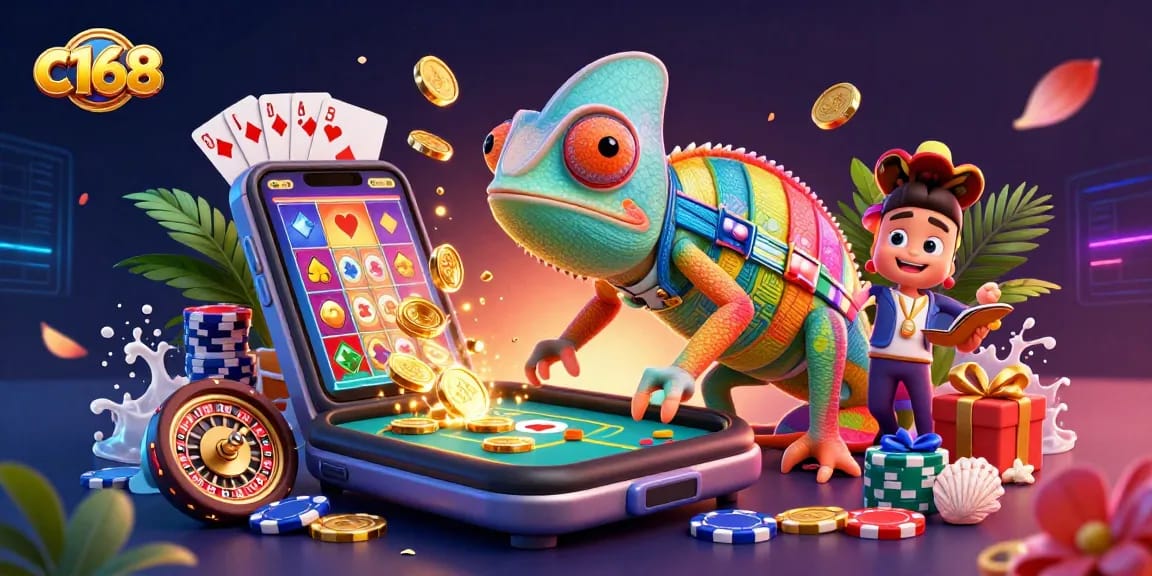 Experience the thrilling gaming world of c168 with a dynamic casino scene featuring vibrant characters and games.