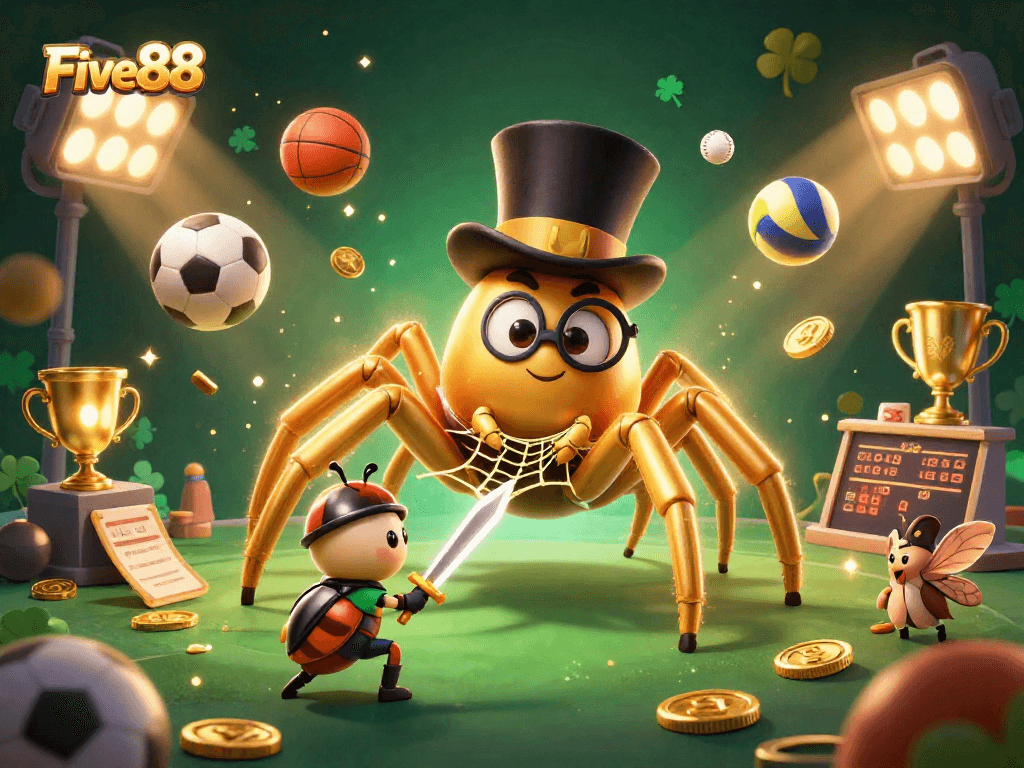 Engage in thrilling gameplay at Five88 with a golden tarantula and brave beetle knight in the casino.