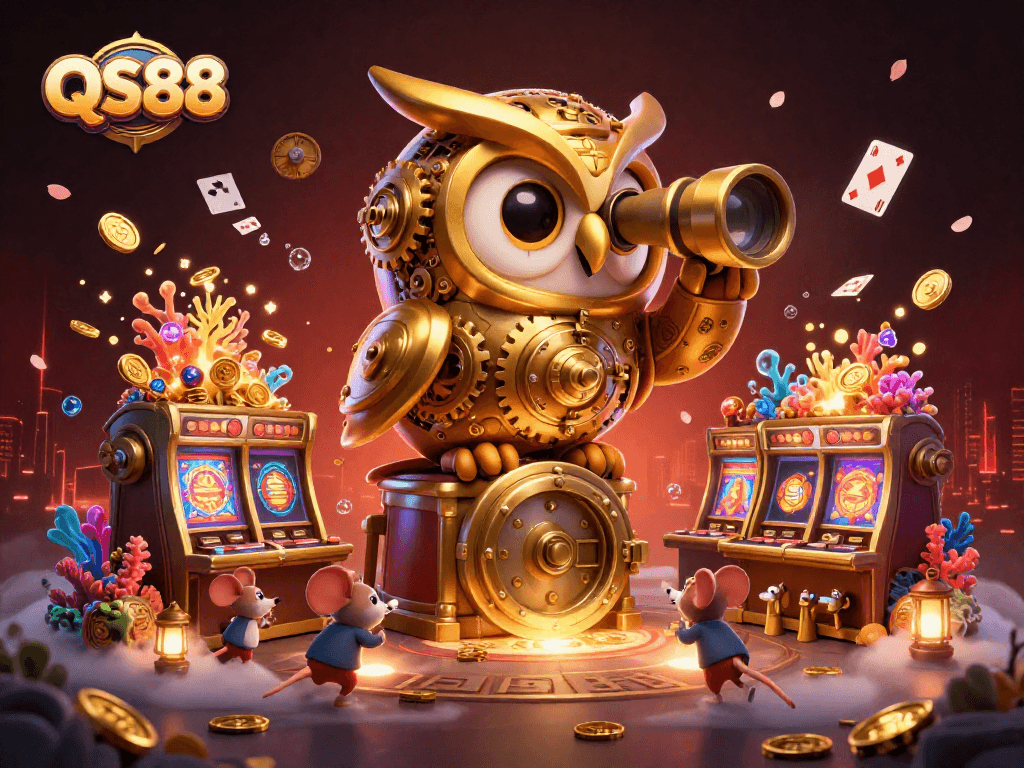 Engage with QS88 in this vibrant casino scene featuring an animated owl and whimsical mice among slot machines.