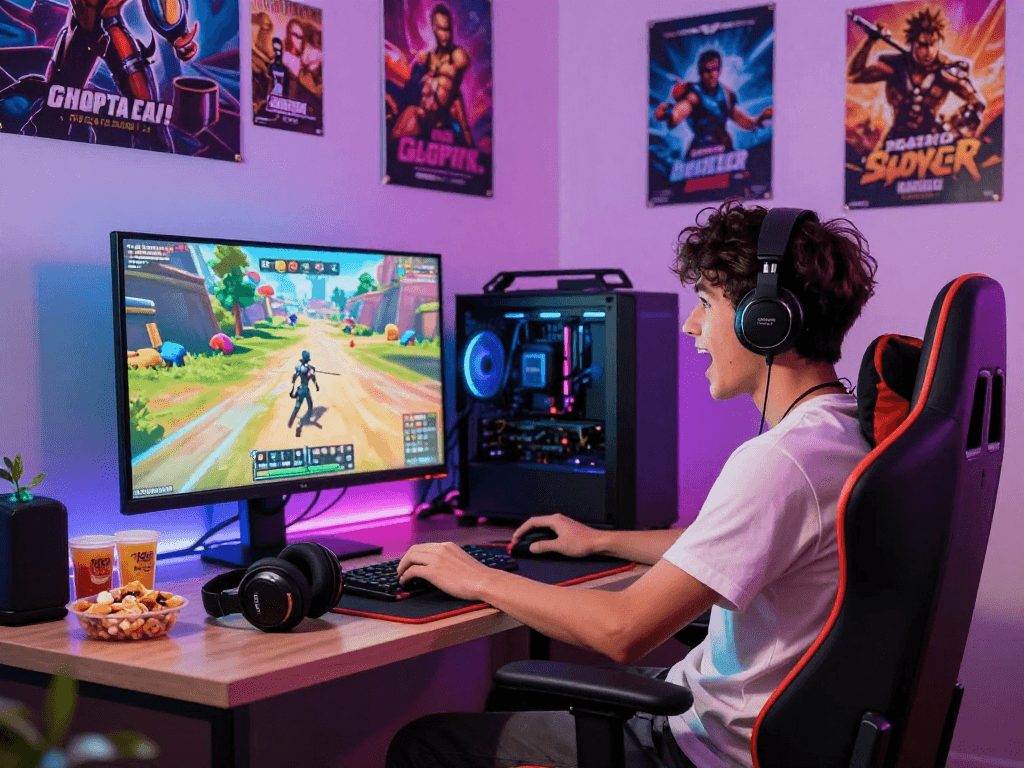 A gamer experiencing an exciting porn game on a high-spec gaming setup with vibrant lighting and animated character displays.