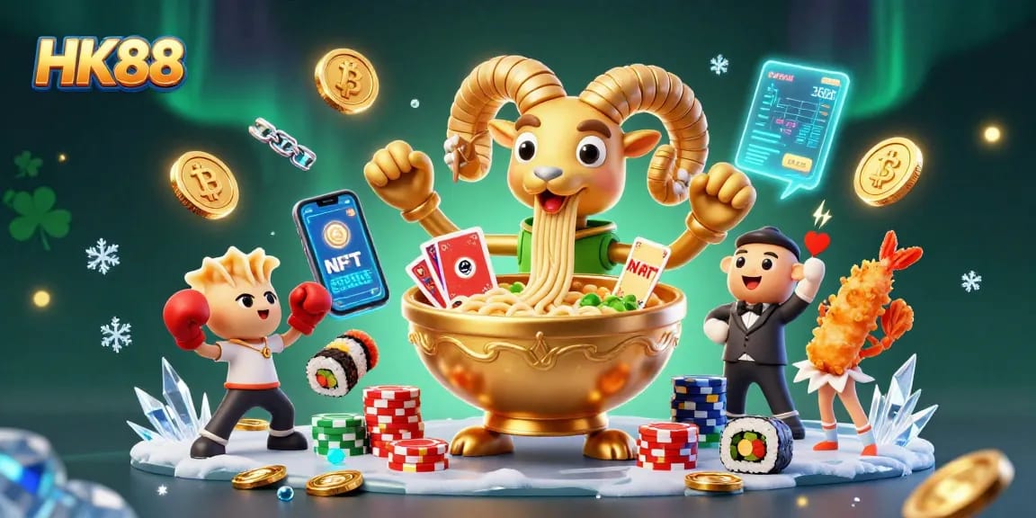 Engage in casino fun with HK88's vibrant illustration showcasing characters, coins, and gaming action.