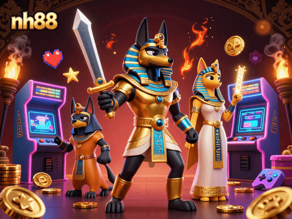 Spin to win on nh88 with Anubis and Bastet in a vibrant casino adventure!