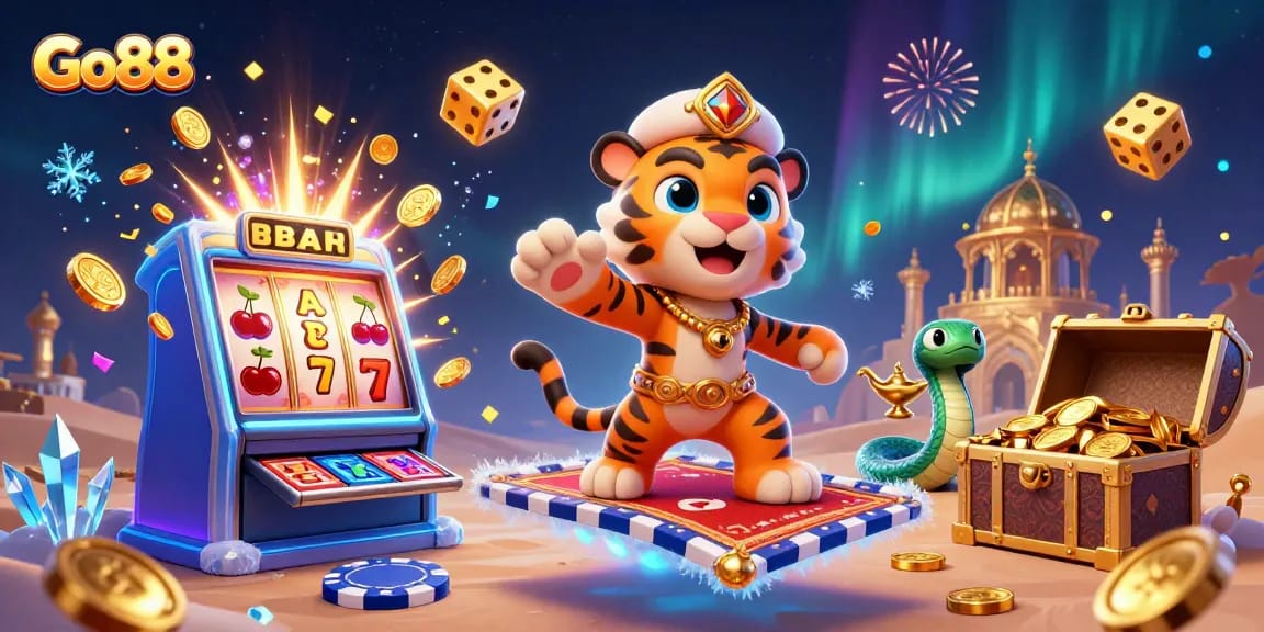 Engage in thrilling gameplay with Go88's vibrant casino scene featuring exciting slot machines and characters.