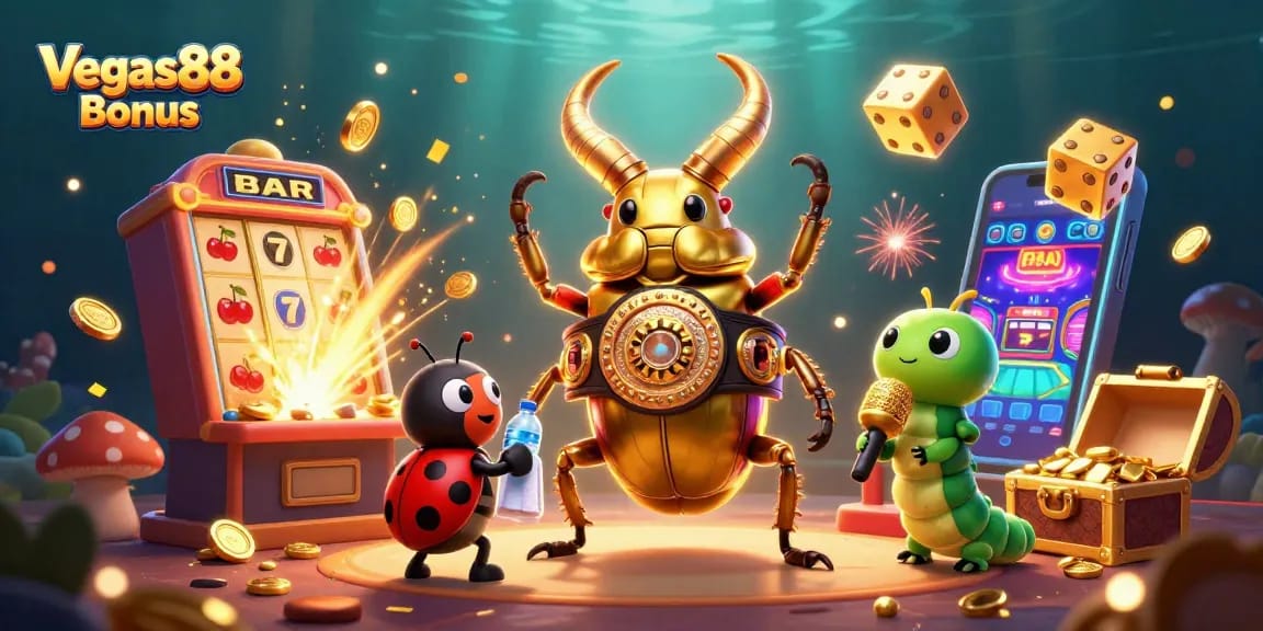 Experience the excitement of Vegas88 Bonus with vibrant slot symbols and a dynamic casino atmosphere.