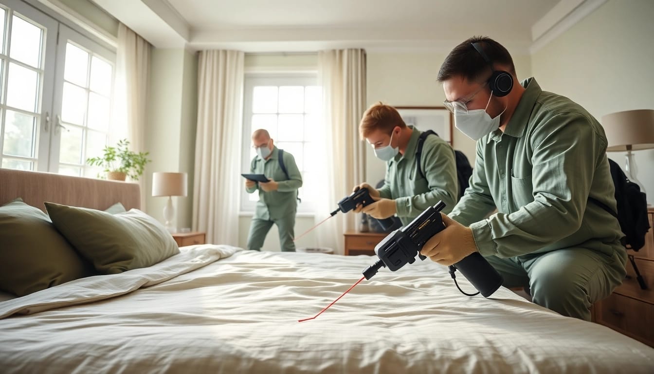 Bed bug exterminators inspecting a bedroom for infestations with advanced tools and bright lighting.