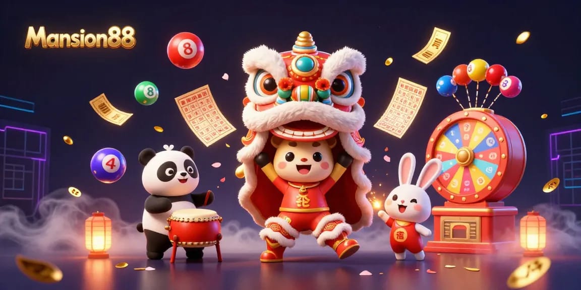 Mansion88 showcases an exciting casino scene with vibrant colors and action, featuring a lion dance costume, playful characters, and dynamic gaming elements.