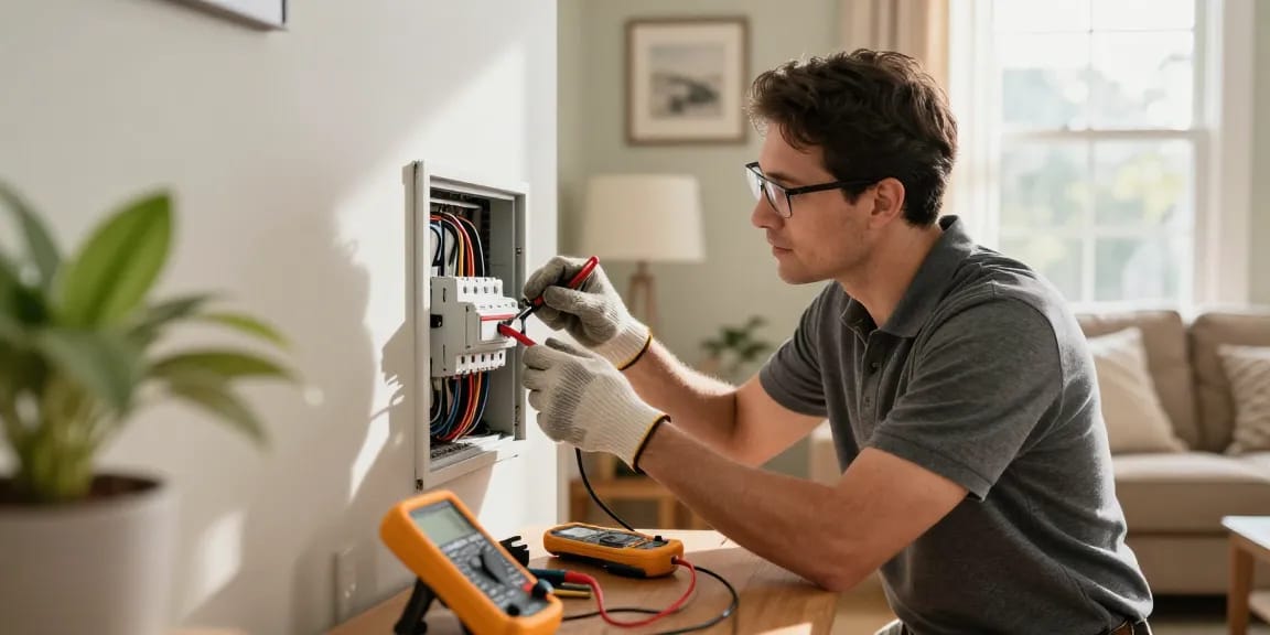 Electrical repair Stevens Point expert inspecting a circuit breaker in a home.