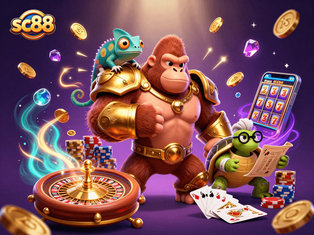 Experience jackpot excitement with sc88 as a gorilla king, chameleon, and tortoise embark on a thrilling gambling quest!