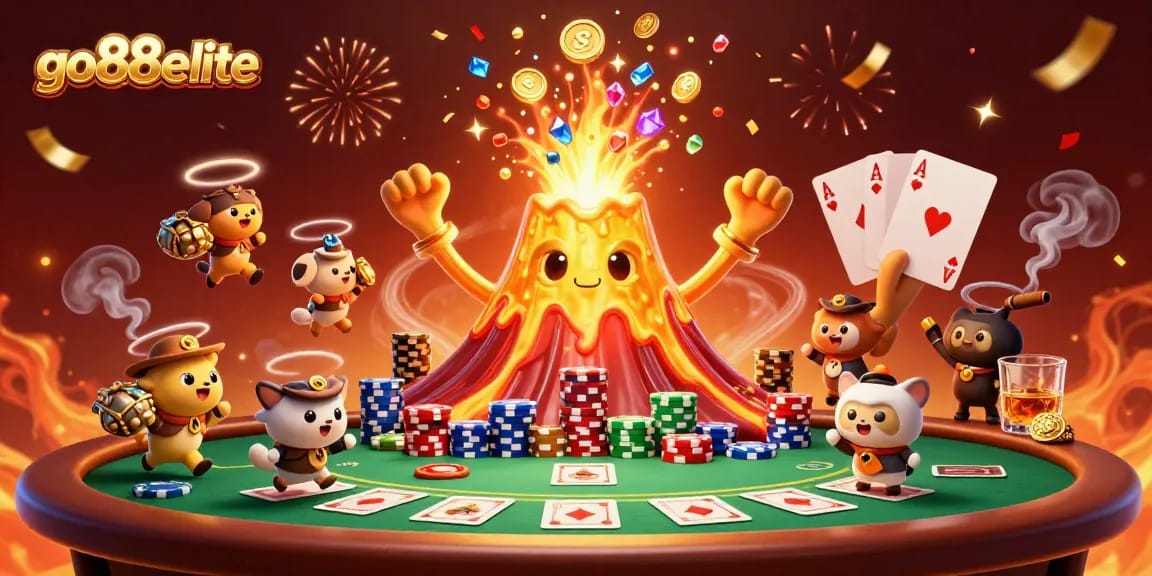 Claim exciting wins at go88elite with a triumphant, erupting volcano delivering treasures in a dynamic casino scene.