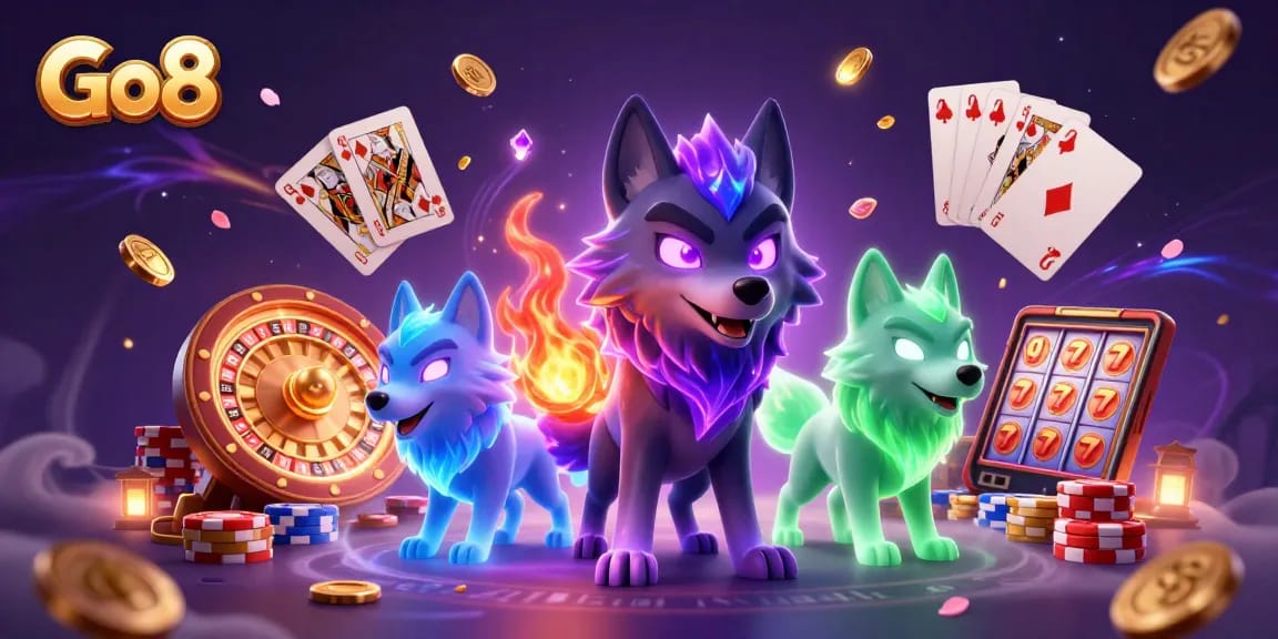 Go8 casino scene with spectral wolves, coins, and a roulette wheel in dynamic play.