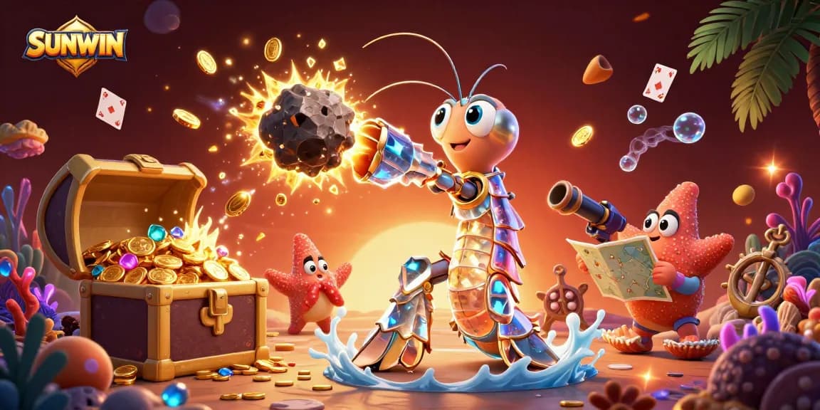 SUNWIN's galactic samurai mantis shrimp battles asteroids, revealing treasures in an exhilarating underwater scene.