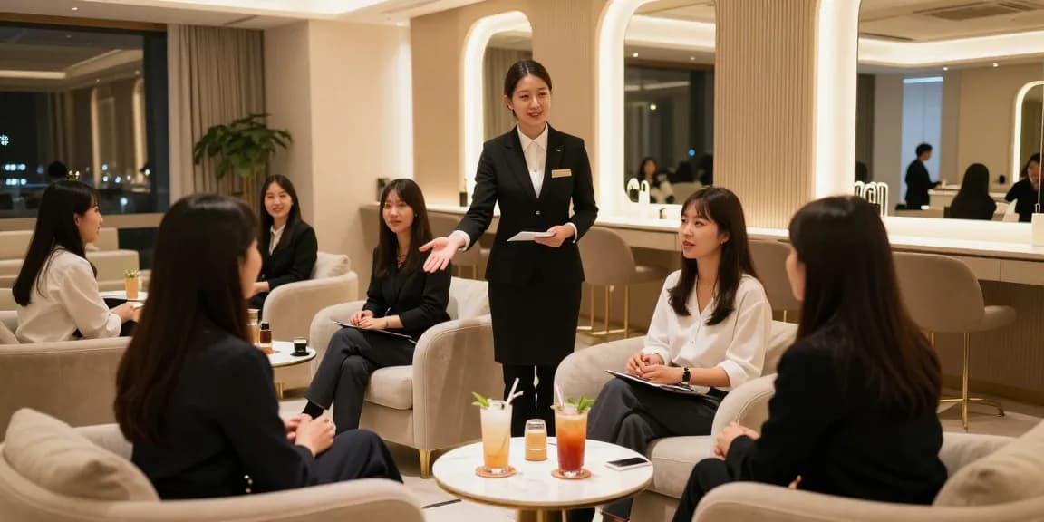 강남 구구단의 고급스러운 분위기와 친절한 호스티스가 손님을 맞이하는 장면
