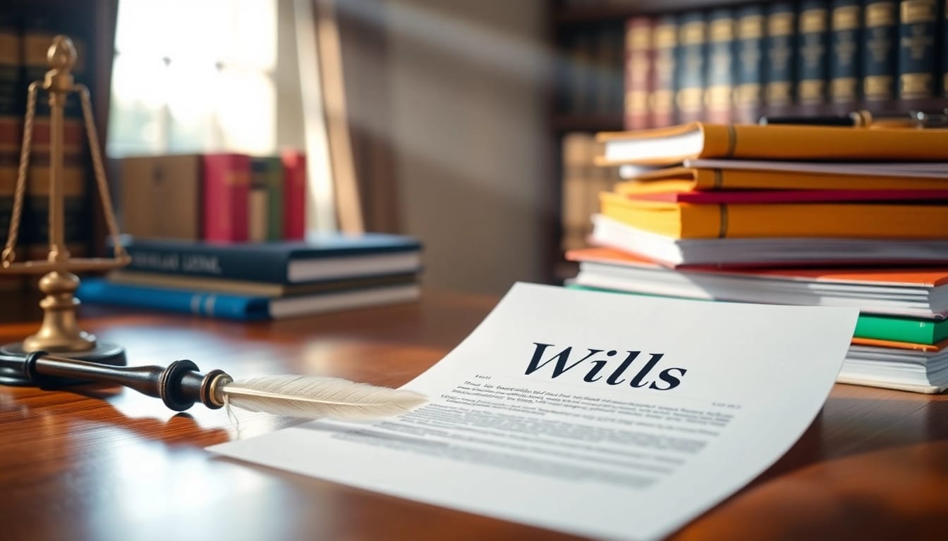 Creating Wills on a polished desk with legal documents and warm light.