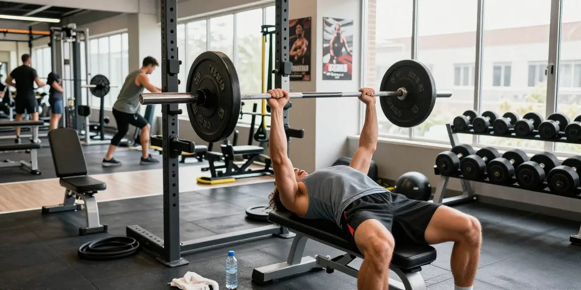 Energetic gym scene showcasing Prime Pharma Steroids user performing bench press surrounded by workout gear