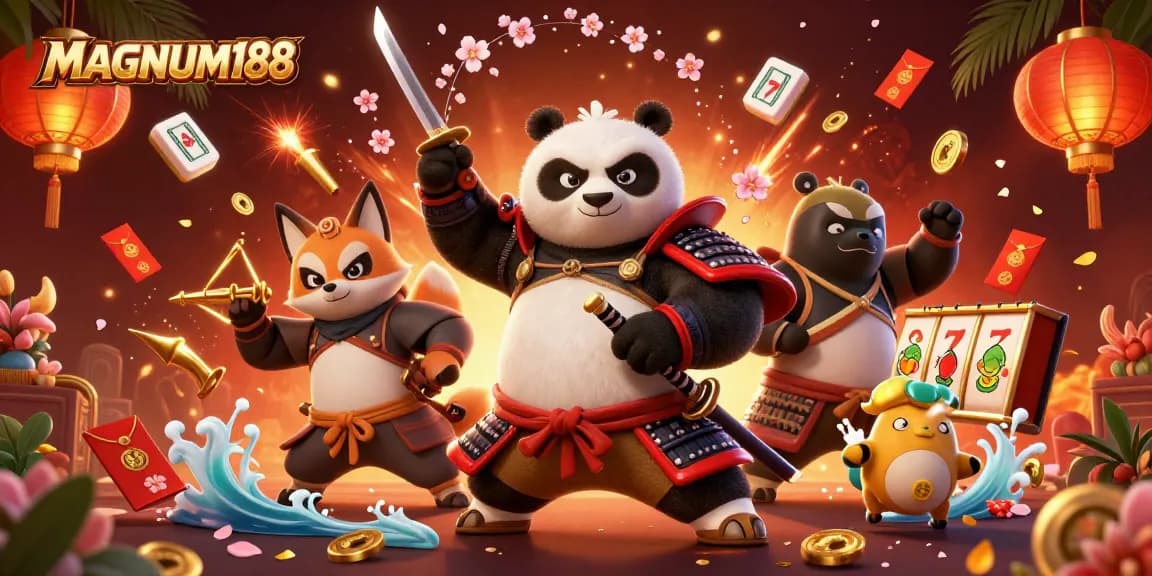 Join MAGNUM188 for thrilling slot action, featuring samurai panda and lucky symbols.