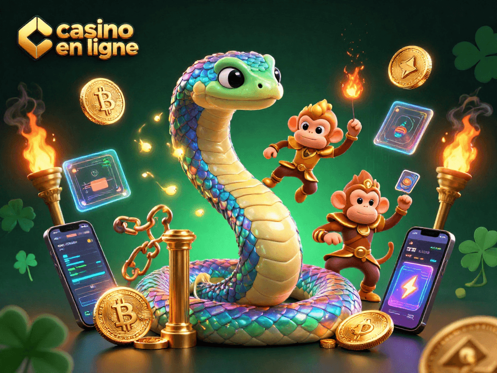 Jouez sur un casino en ligne captivant avec une scène magique de serpent arc-en-ciel et des éléments crypto.