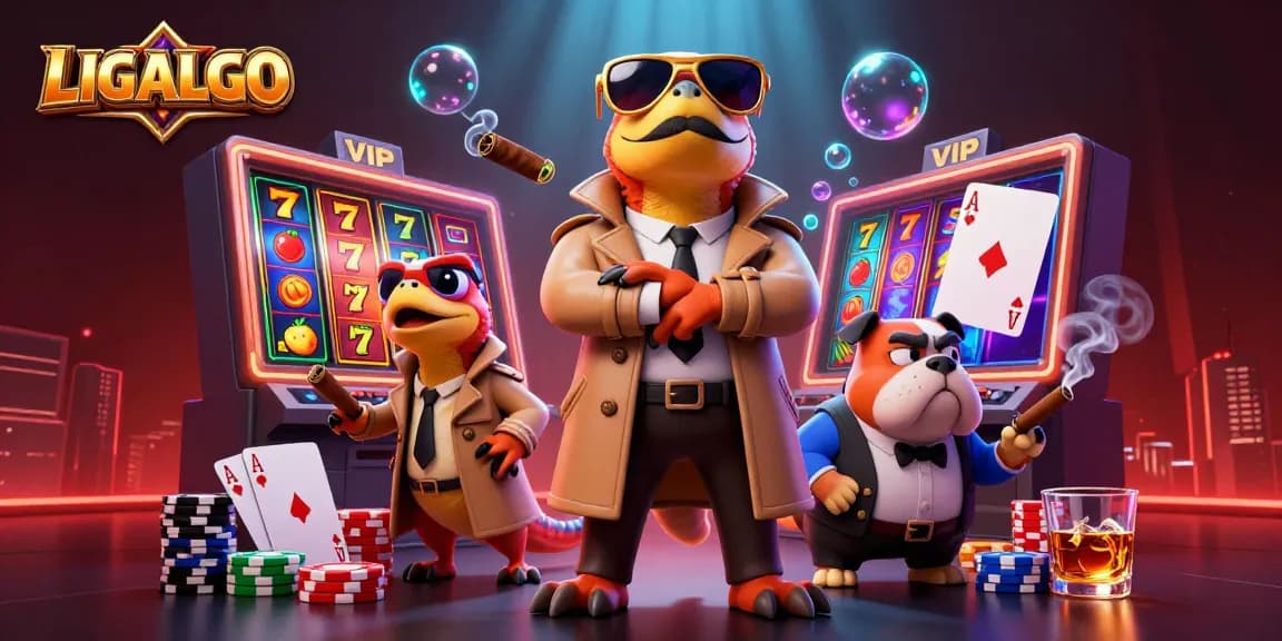 LIGALGO's playful raptors navigating a VIP slot lounge filled with vibrant casino elements.