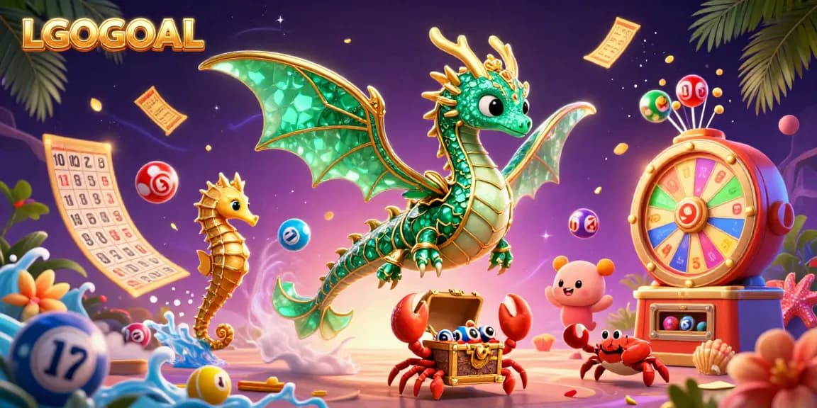 Engage with LGOGOAL's thrilling casino action featuring a magnificent sea dragon, colorful lottery elements, and vibrant treasure.
