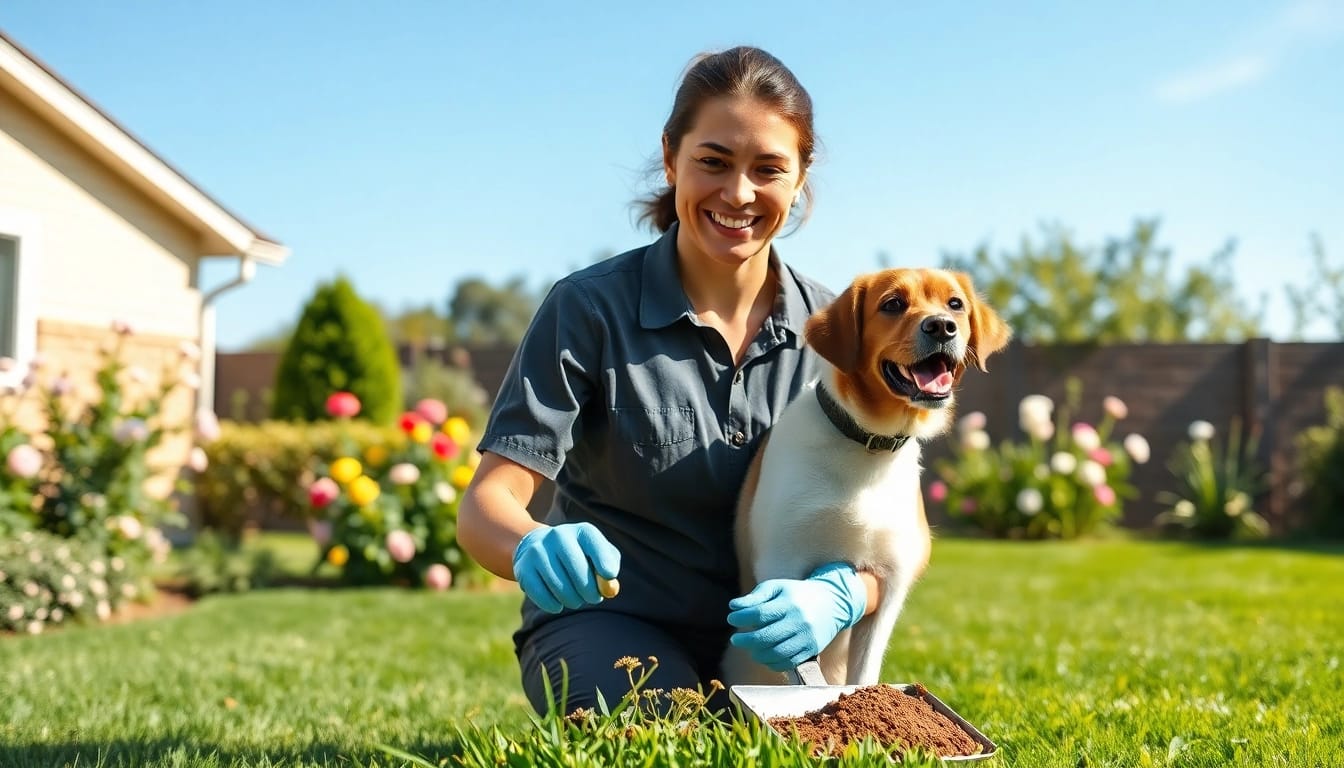 Providing dog waste removal services with a friendly technician in a clean yard.