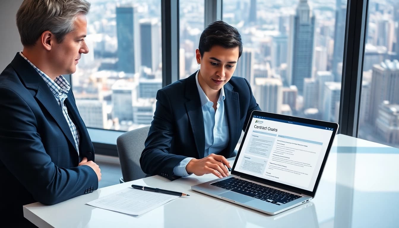 Analyze Federal and State contracts and grants in a professional office scene.