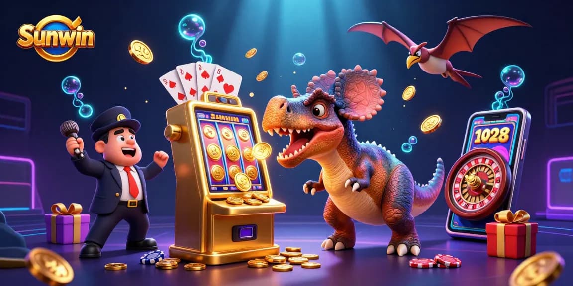 Sunwin captivates players as a pachycephalosaurus headbutts a jackpot slot machine amidst a vibrant casino scene.