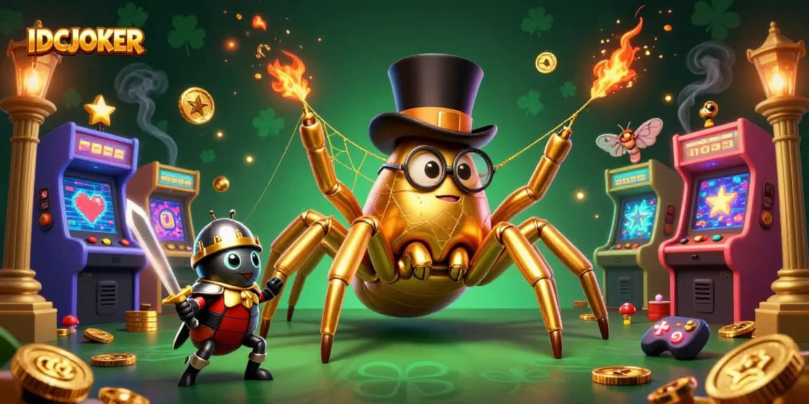 IDCJOKER engages players with immersive gaming experiences and golden elements in a dynamic casino illustration.