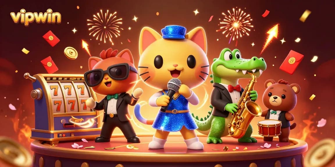 Experience the thrill of vipwin with a vibrant casino scene featuring a singing cat and musician friends.