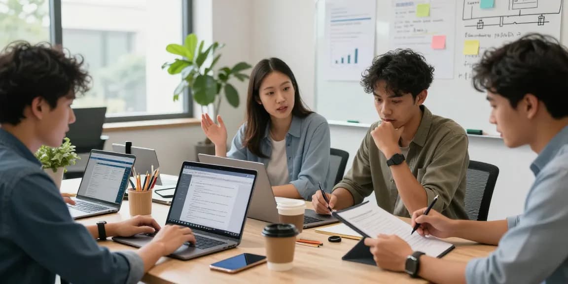 在团队合作的办公室环境中,使用WPS Office 下载处理文档,展示现代工作场景。