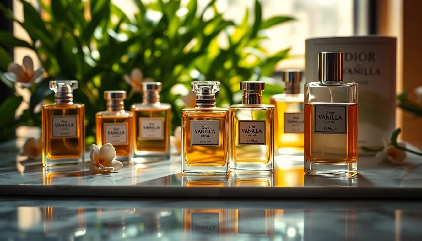 Dior vanilla perfume samples displayed elegantly, showcasing luxurious details and rich colors.