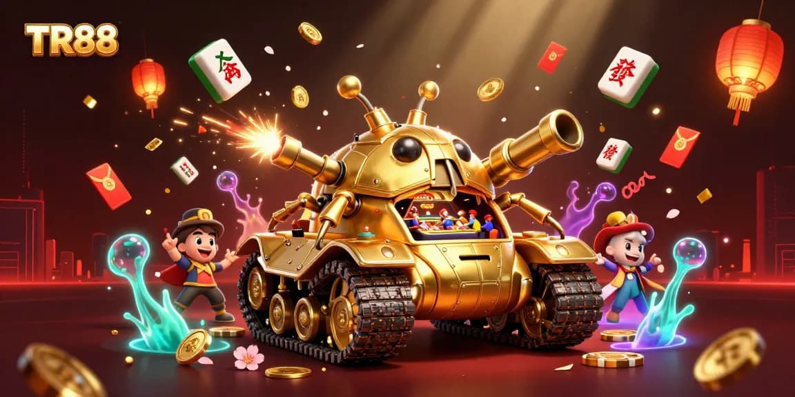 TR88 showcases a vibrant casino scene with dynamic elements like golden beetles and confetti cannons.